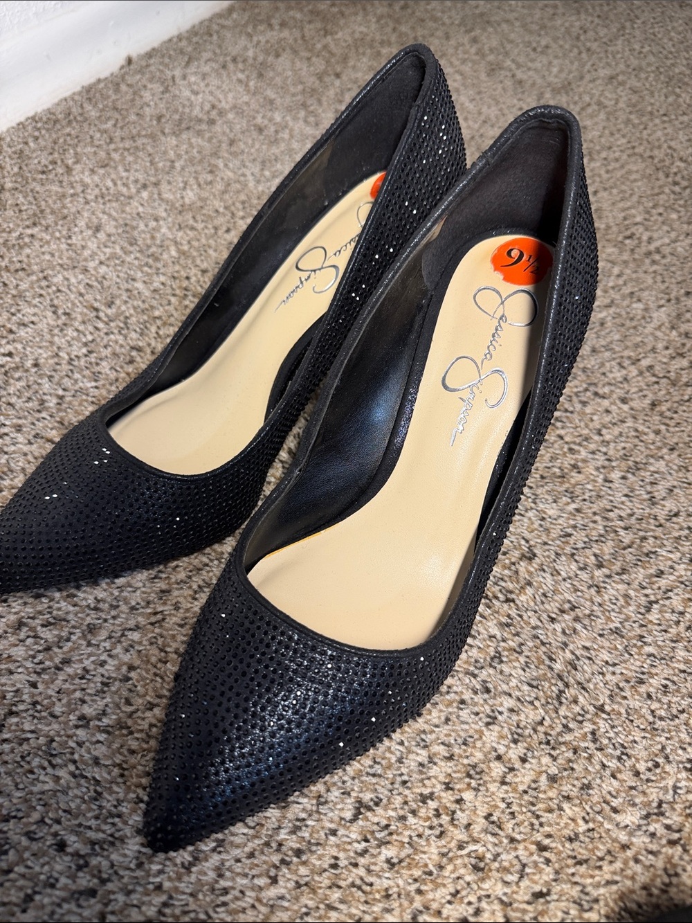 Jessica Simpson Black Pointed Toe Rhinestone Heels